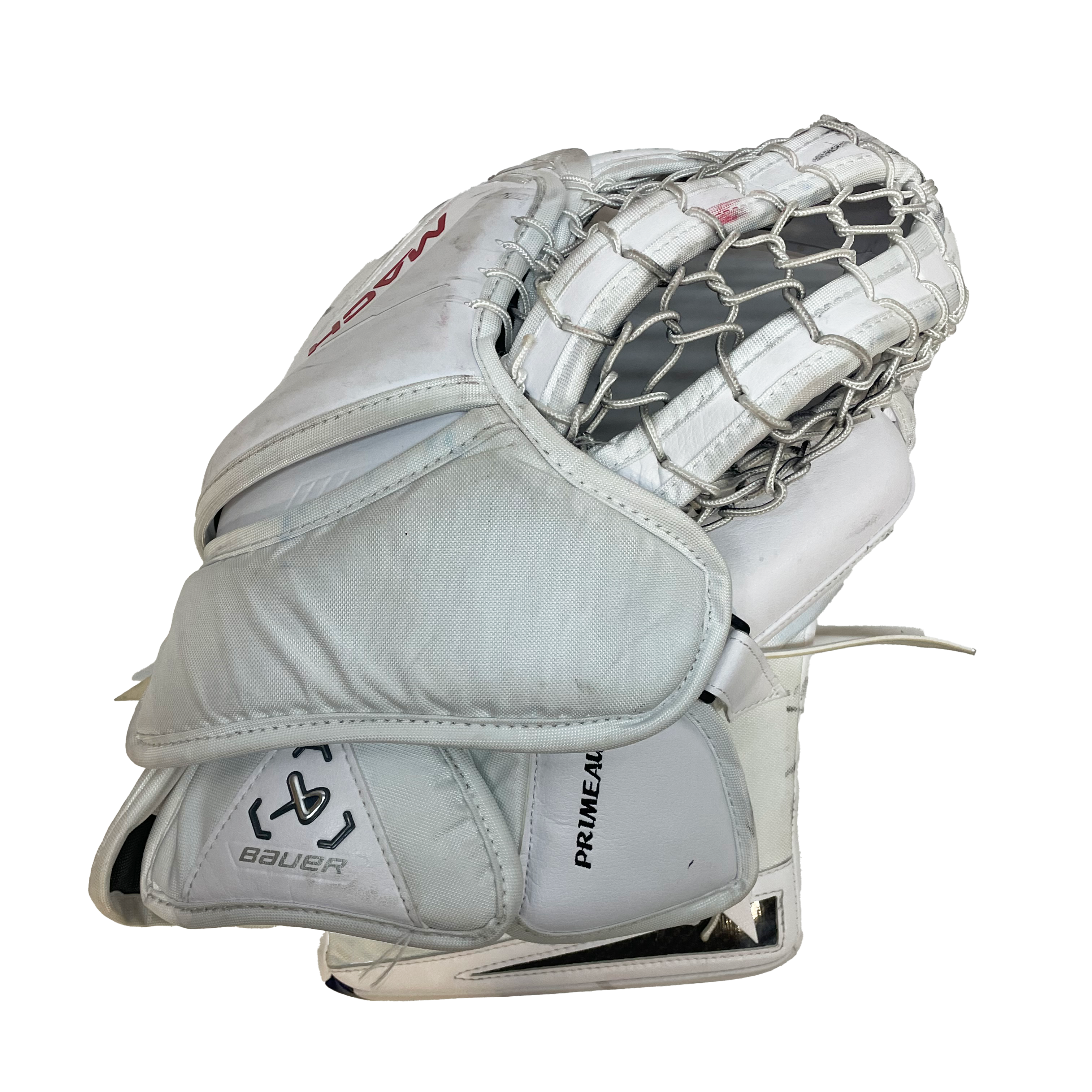 Bauer Supreme Mach - Gant de gardien Cayden Primeau NHL Pro Stock d'occasion - Canadiens de Montréal (blanc/rouge/bleu)